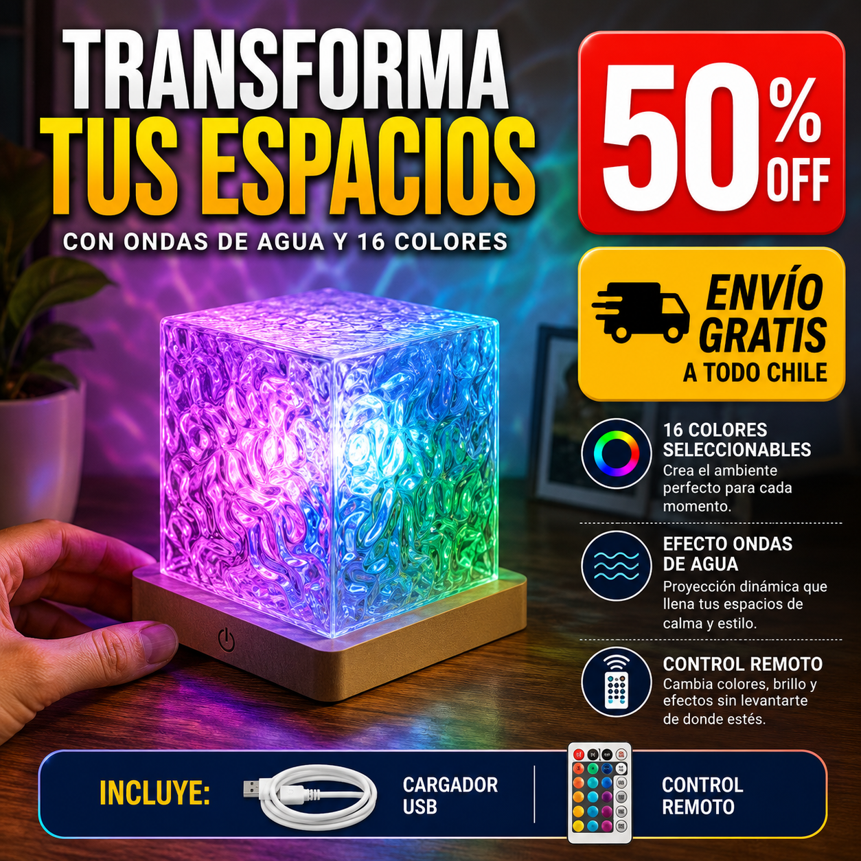 AquaLuz Cube | Lámpara LED de 16 Colores con Efecto Agua