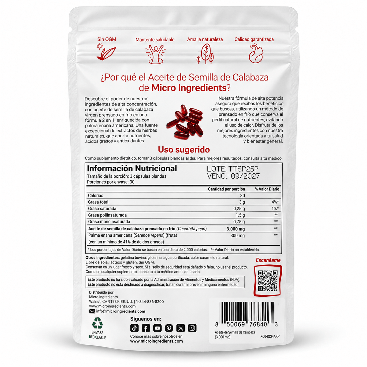Aceite de Semilla de Calabaza + Saw Palmetto 90 Cápsulas